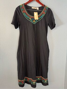 LA CERA Dress Womens Small NWT Black Embroidered Cotton Shift Midi Pockets Boho